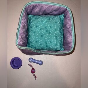American Girl Purple and Teal Pet Bed with Food Bowl